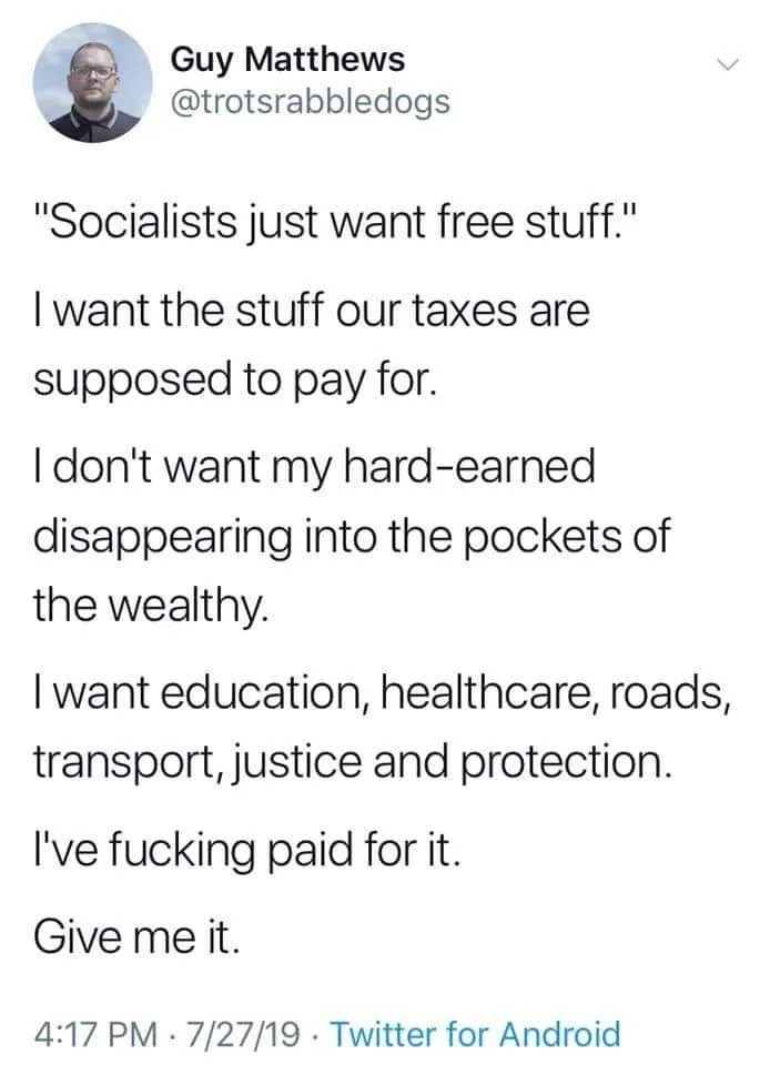A screenshot of a tweet by Guy Matthews (@trotstrabbeddogs) from July 27, 2019, showing his response to the claim…