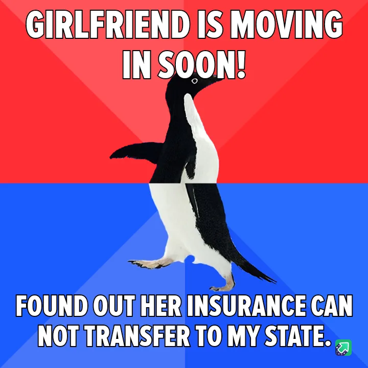 A penguin stands split between a red and blue background, with bold white text at the top reading 'GIRLFRIEND IS MOVING IN…