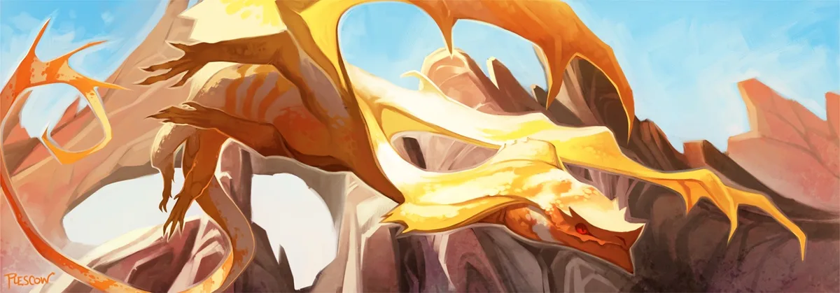 A majestic, golden-orange dragon with large wings and a long tail is depicted soaring over rocky, desert-like terrain under…