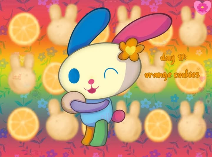 A cheerful cartoon bunny with blue and pink ears and a yellow flower on its head is hugging itself against a rainbow…