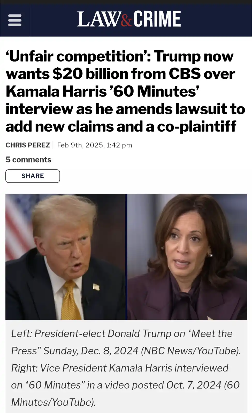 A screenshot of a Law & Crime news article shows a split image: Donald Trump on the left looking angry, and Kamala Harris on…