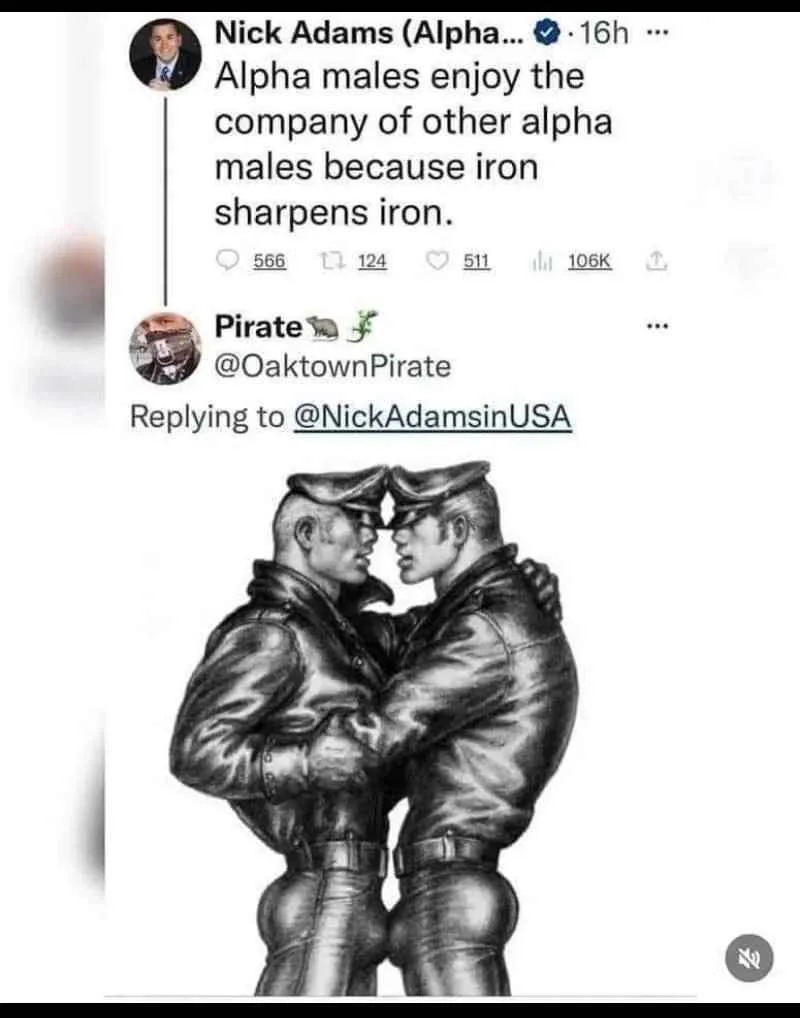 A screenshot of a Twitter thread shows a user named Nick Adams stating that alpha males enjoy each other's company because…