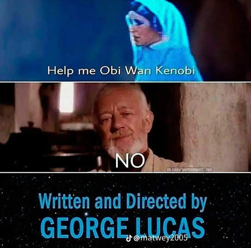 The meme is a three-panel image. The top panel shows a character in a blue hooded robe saying 'Help me Obi Wan Kenobi'. The…
