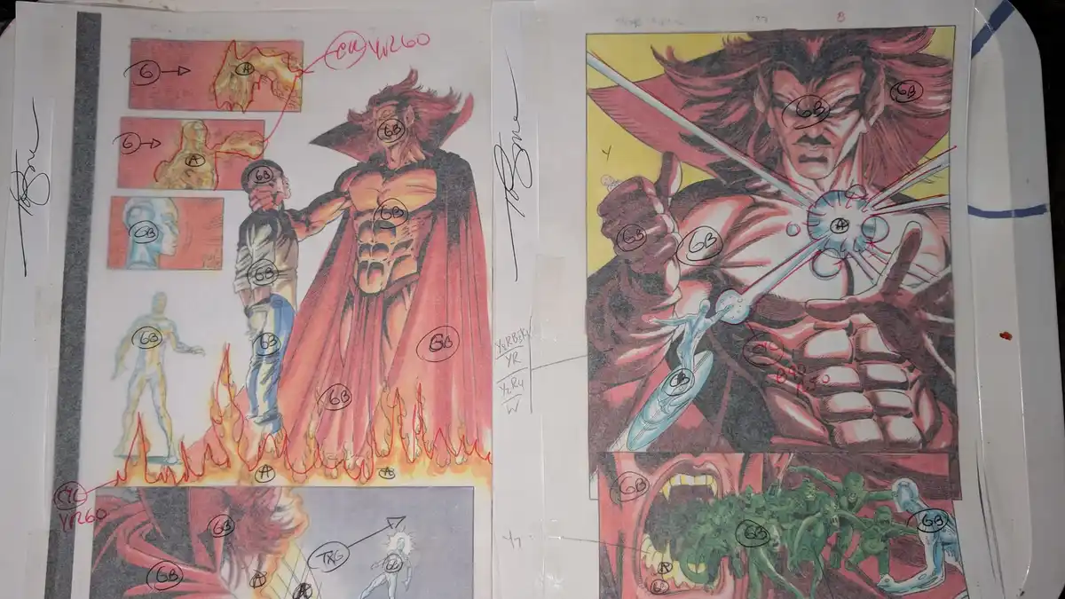 Two comic book art pages show a muscular, red-haired superhero in a cape, with multiple panels and sketches around him. The…