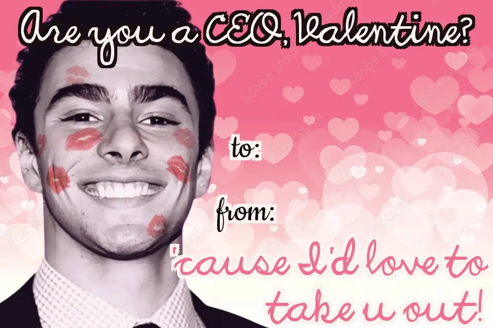 A smiling man in a suit with red lipstick kisses on his cheeks against a pink heart-patterned background. The text reads…