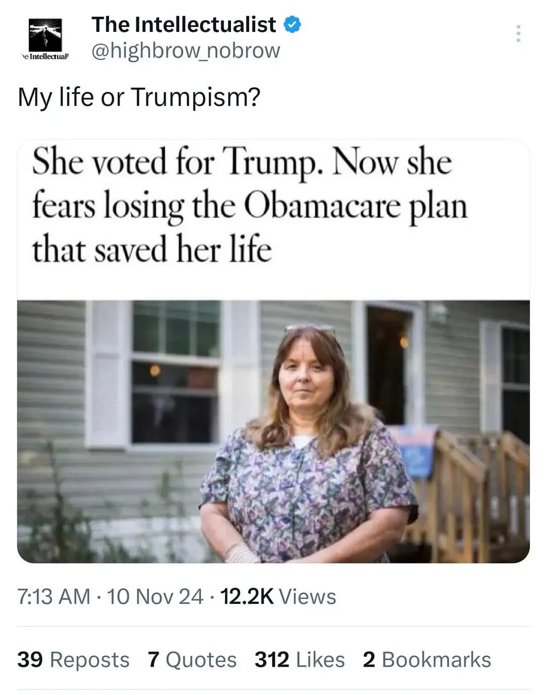 A screenshot of a tweet from 'The Intellectualist' showing a news headline about a woman who voted for Trump but now fears…