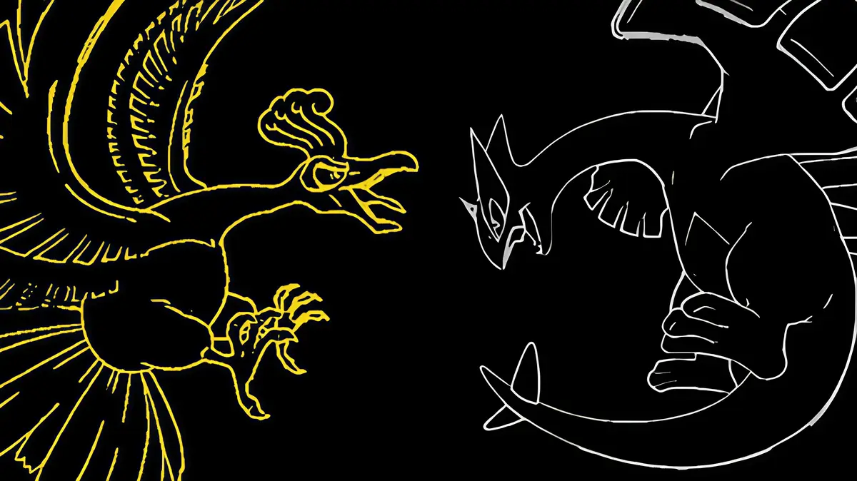 A stylized yellow line drawing of a sun god with rays and claws faces off against a white line drawing of a moon god with…