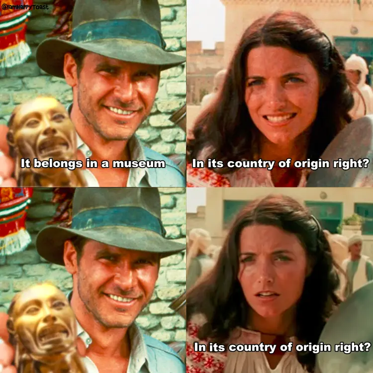 A four-panel meme featuring Indiana Jones and a woman from 'Raiders of the Lost Ark'. In the top-left panel, Indiana Jones…