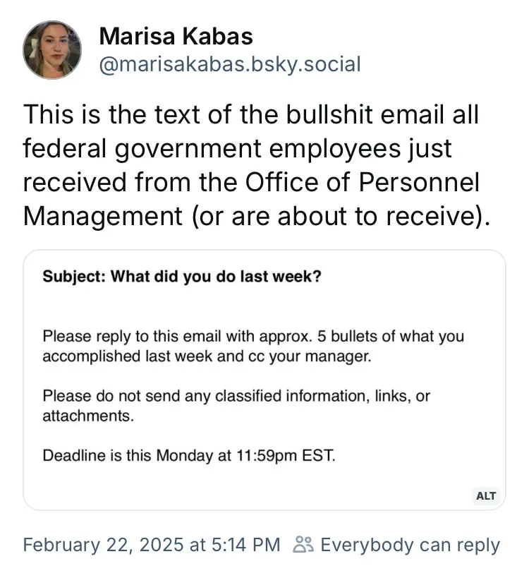 A screenshot of a social media post by Marisa Kabas showing a mock email from the Office of Personnel Management asking…