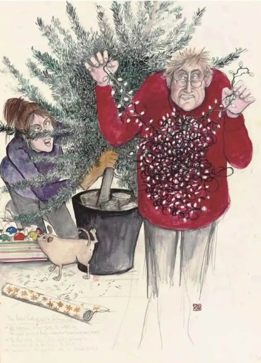 An illustration shows an older man in a red sweater covered in tangled Christmas lights, looking frustrated, while a woman…