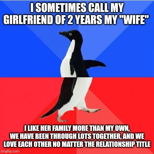 A penguin stands centered against a blue and red background, with white text overlaid in two sections. The top text reads 'I…