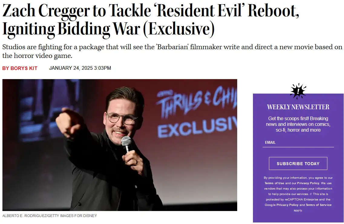 A screenshot of a news article headline about Zach Cregger directing a 'Resident Evil' reboot, featuring a photo of him…