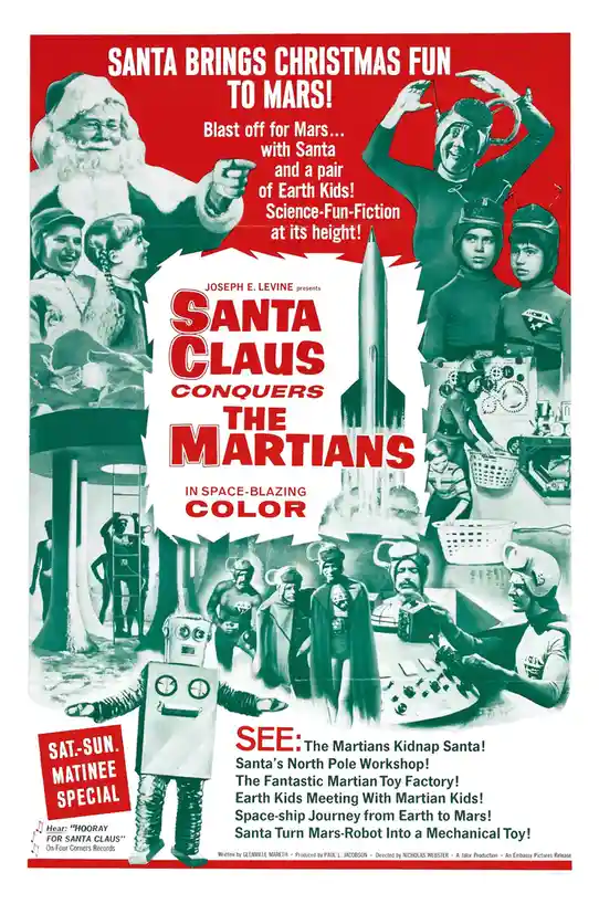 This vintage movie poster for 'Santa Claus Conquers the Martians' features Santa Claus, Earth kids, and Martians in a space…