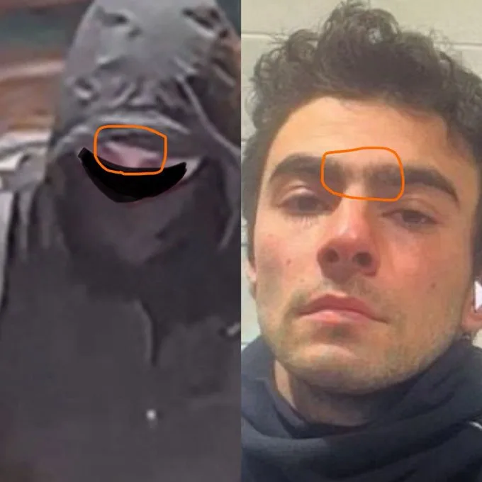 The image is a side-by-side comparison: on the left, a blurry security camera shot of a person in a dark hoodie with an…