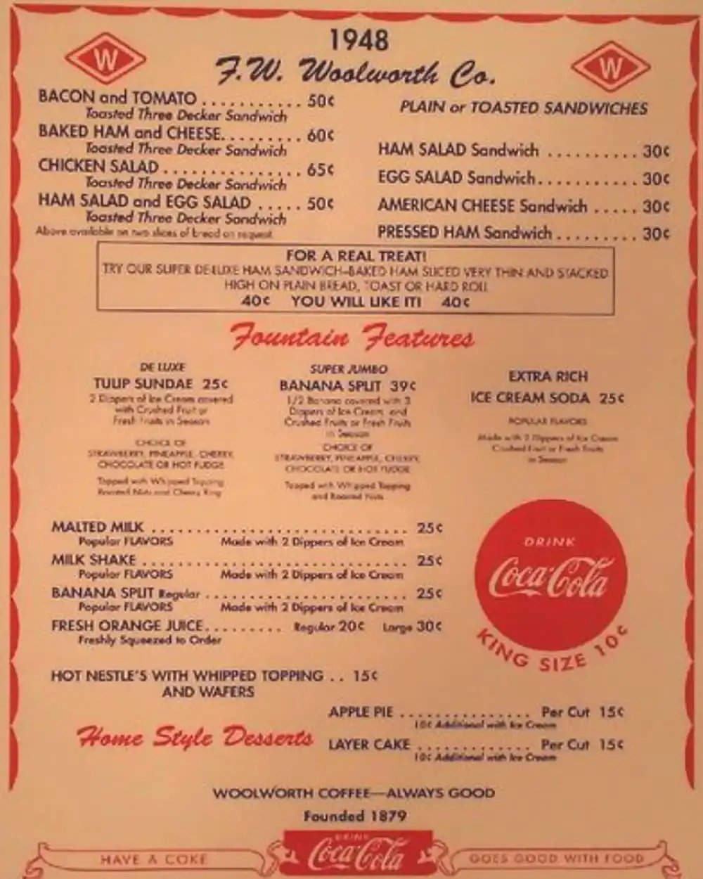 A vintage 1948 F.W. Woolworth Co. menu features sandwiches, fountain drinks, and desserts with prices in cents. The overlaid…