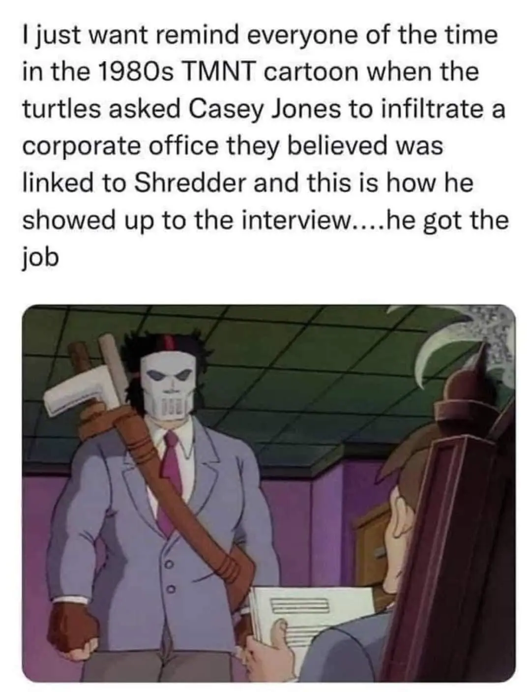 A still from the 1980s Teenage Mutant Ninja Turtles cartoon shows Casey Jones in a business suit with a purple tie, carrying…