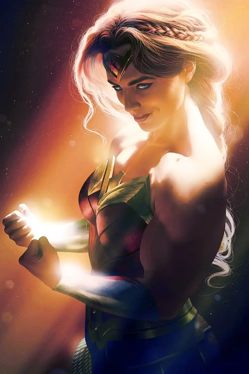 A digitally rendered image of Wonder Woman in her iconic red, gold, and blue costume with a tiara, standing against a cosmic…
