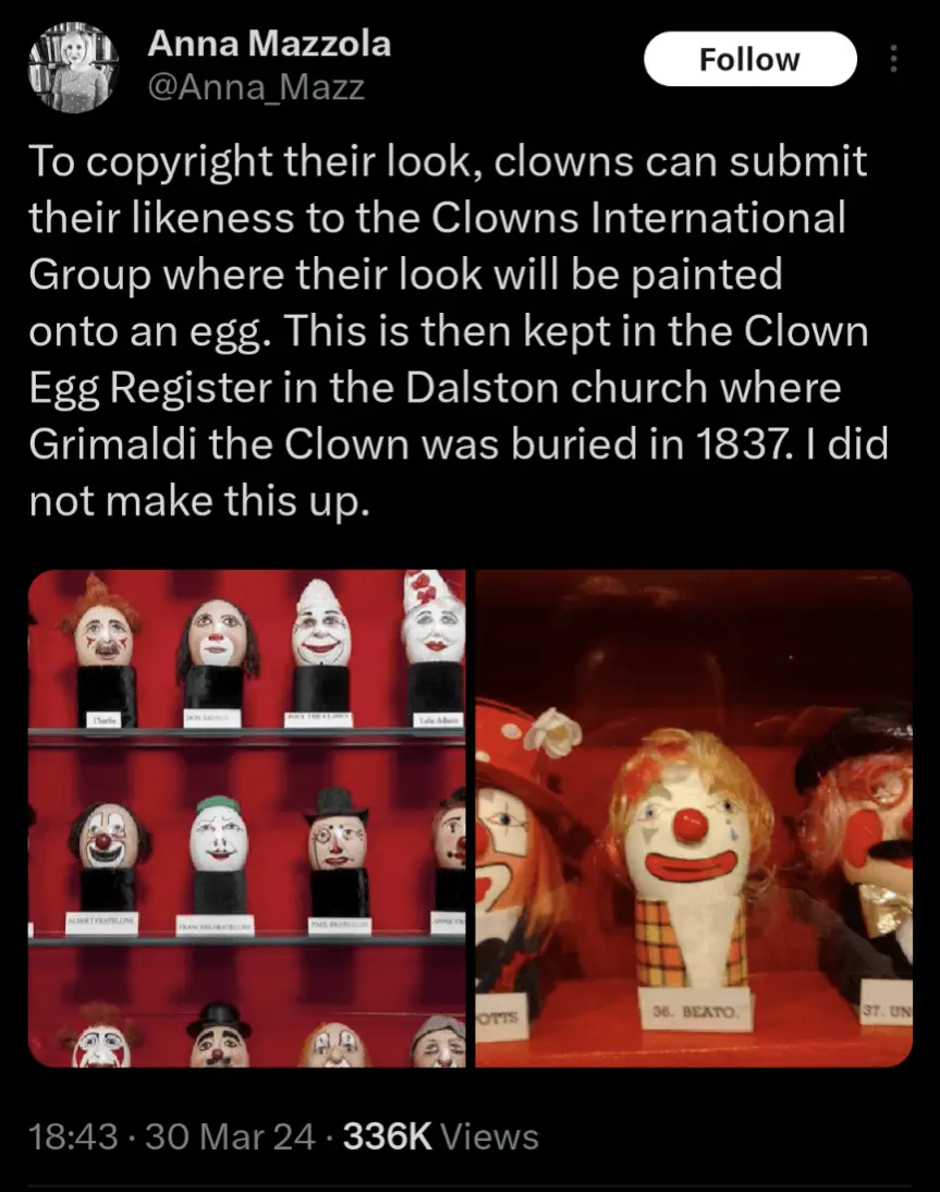 The image displays two photos of clown heads painted on eggs, displayed on shelves with name tags. The text overlay claims…
