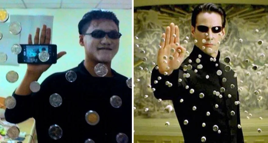 side-by-side image: left shows a man in sunglasses holding a phone, surrounded by floating coins; right shows keanu reeves…