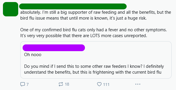 A screenshot of a Reddit comment thread where a user expresses concern about bird flu risks associated with raw feeding…