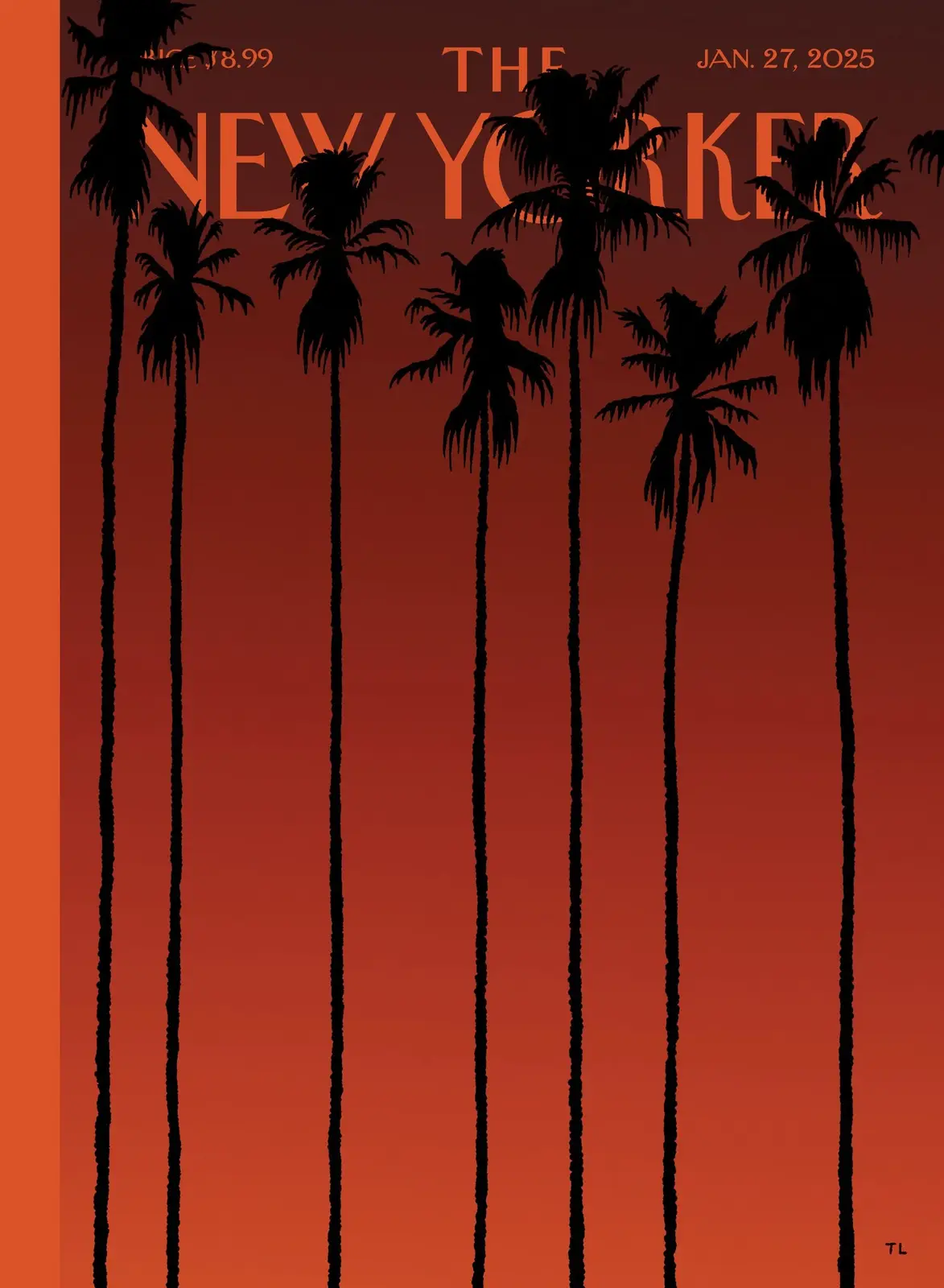 The image shows a stylized magazine cover with silhouettes of palm trees against a gradient orange-red sky. The text 'THE…