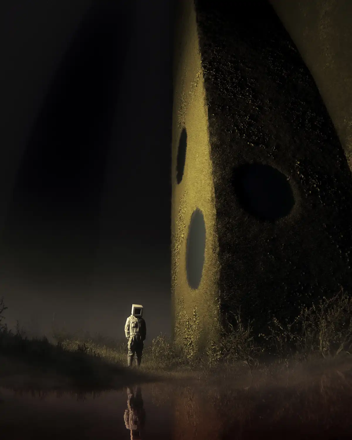 A lone astronaut in a white suit stands in a misty, dark field, facing a massive, textured, curved wall with three large…