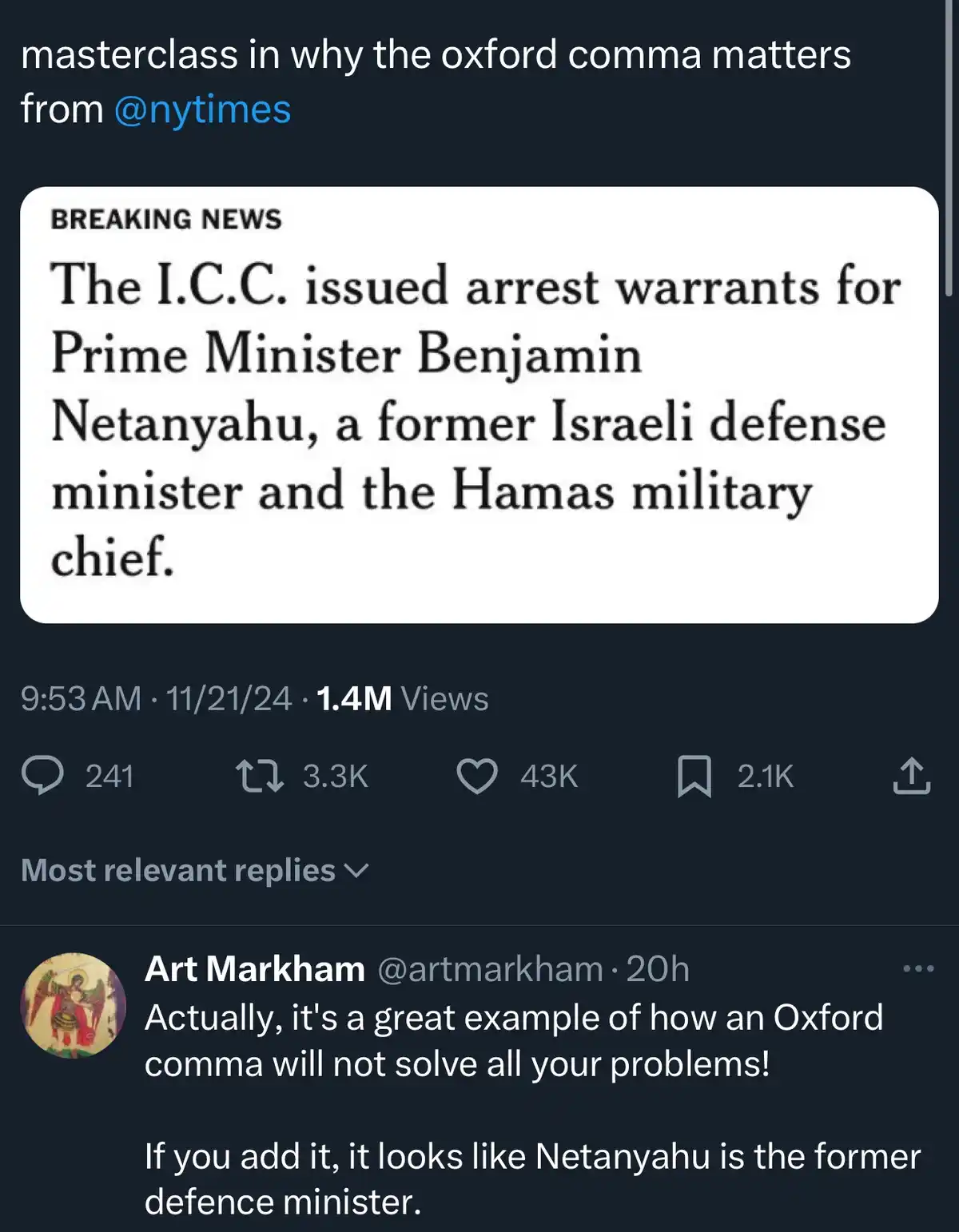 A screenshot of a Twitter post showing a 'BREAKING NEWS' headline that reads 'The I.C.C. issued arrest warrants for Prime…