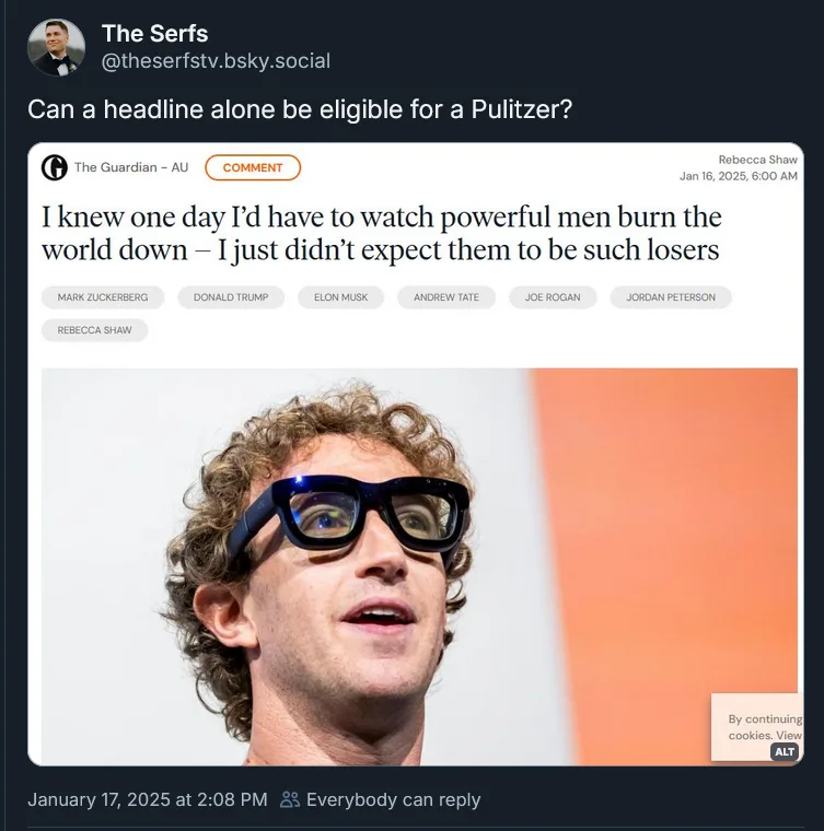 A screenshot of a social media post showing a fake Guardian article with the headline 'I knew one day I'd have to watch…
