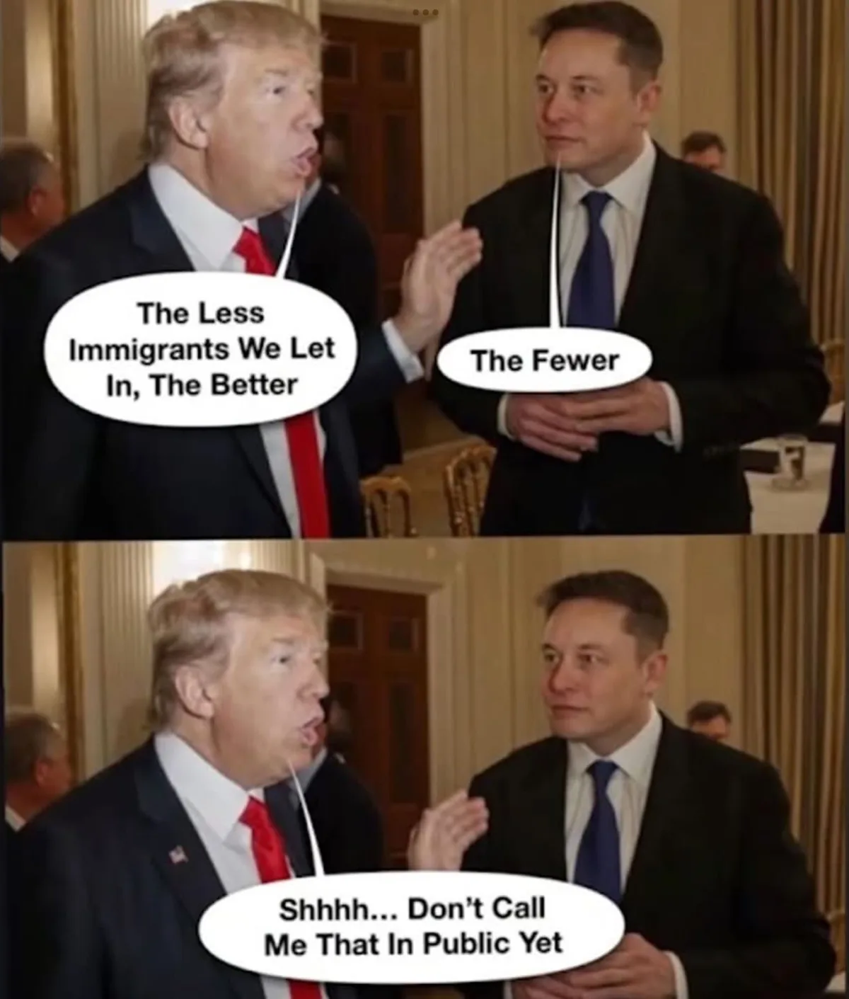 Two men in suits are shown in a split-panel image. In the top panel, the man on the left (Donald Trump) speaks with a speech…