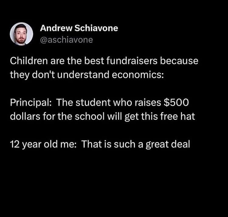 A black background with white text mimicking a tweet from Andrew Schiavone. The text humorously explains how children are…