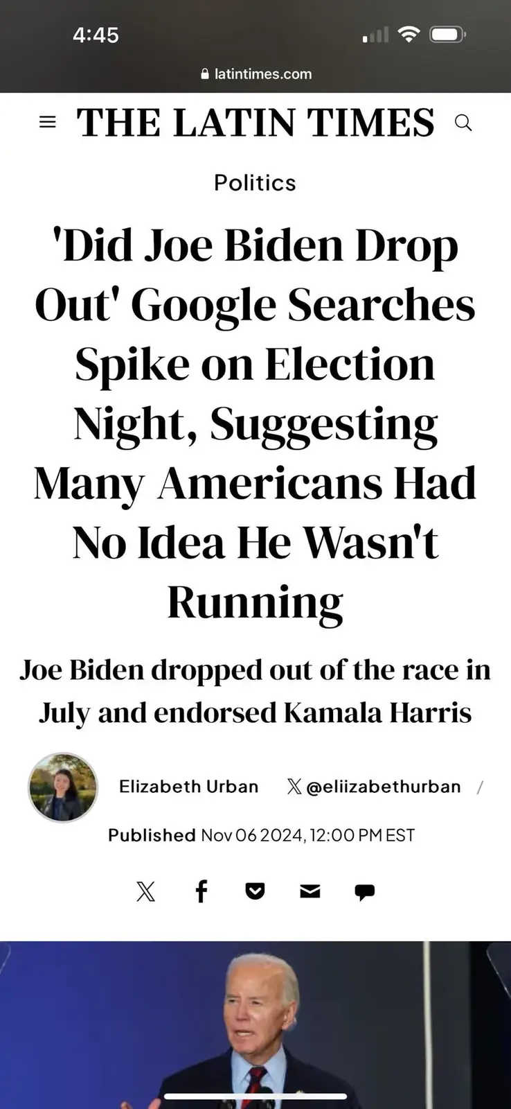 A screenshot of a news article from 'The Latin Times' with the headline 'Did Joe Biden Drop Out' Google Searches Spike on…