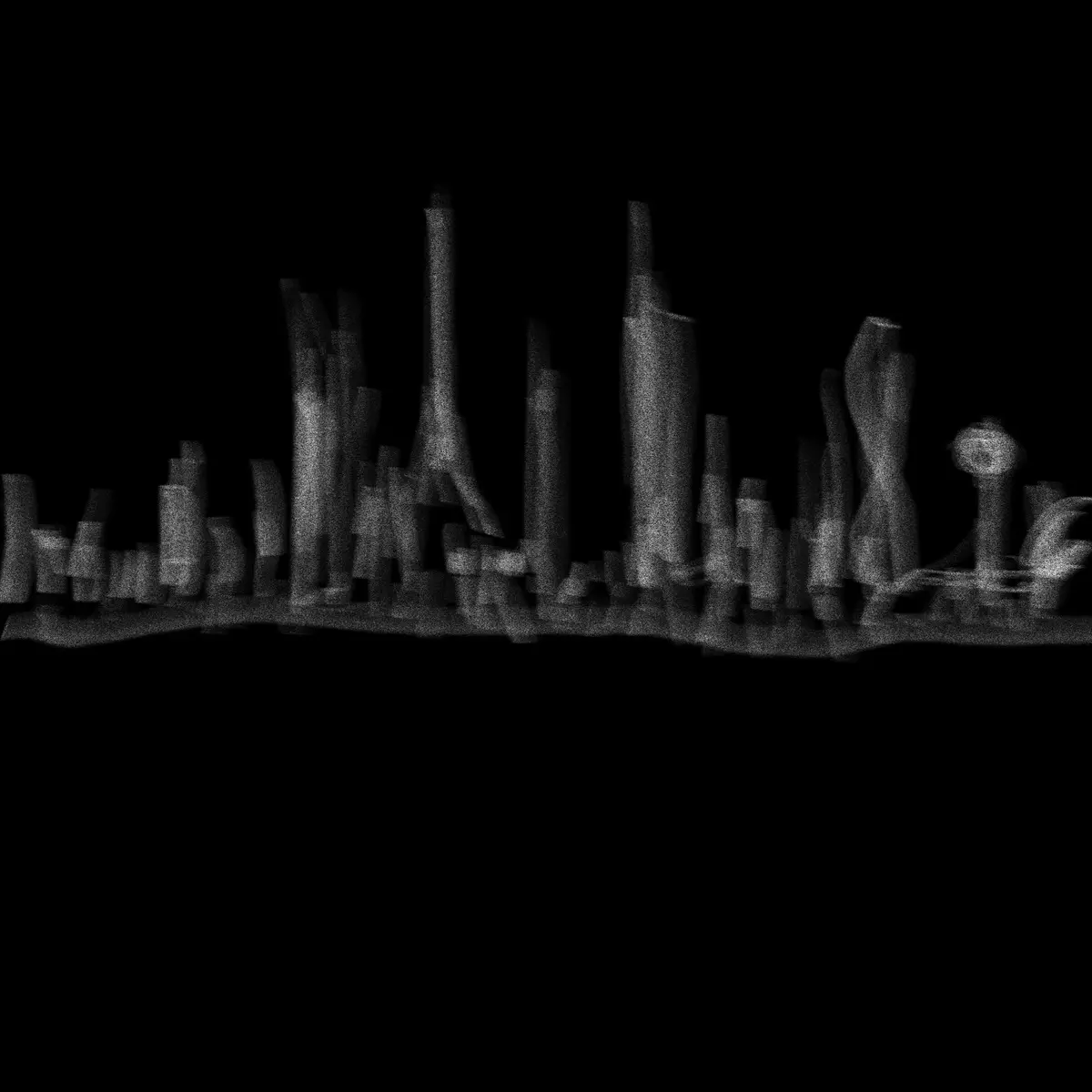 A black-and-white, grainy image shows a row of abstract, cylindrical shapes resembling a city skyline or a collection of…
