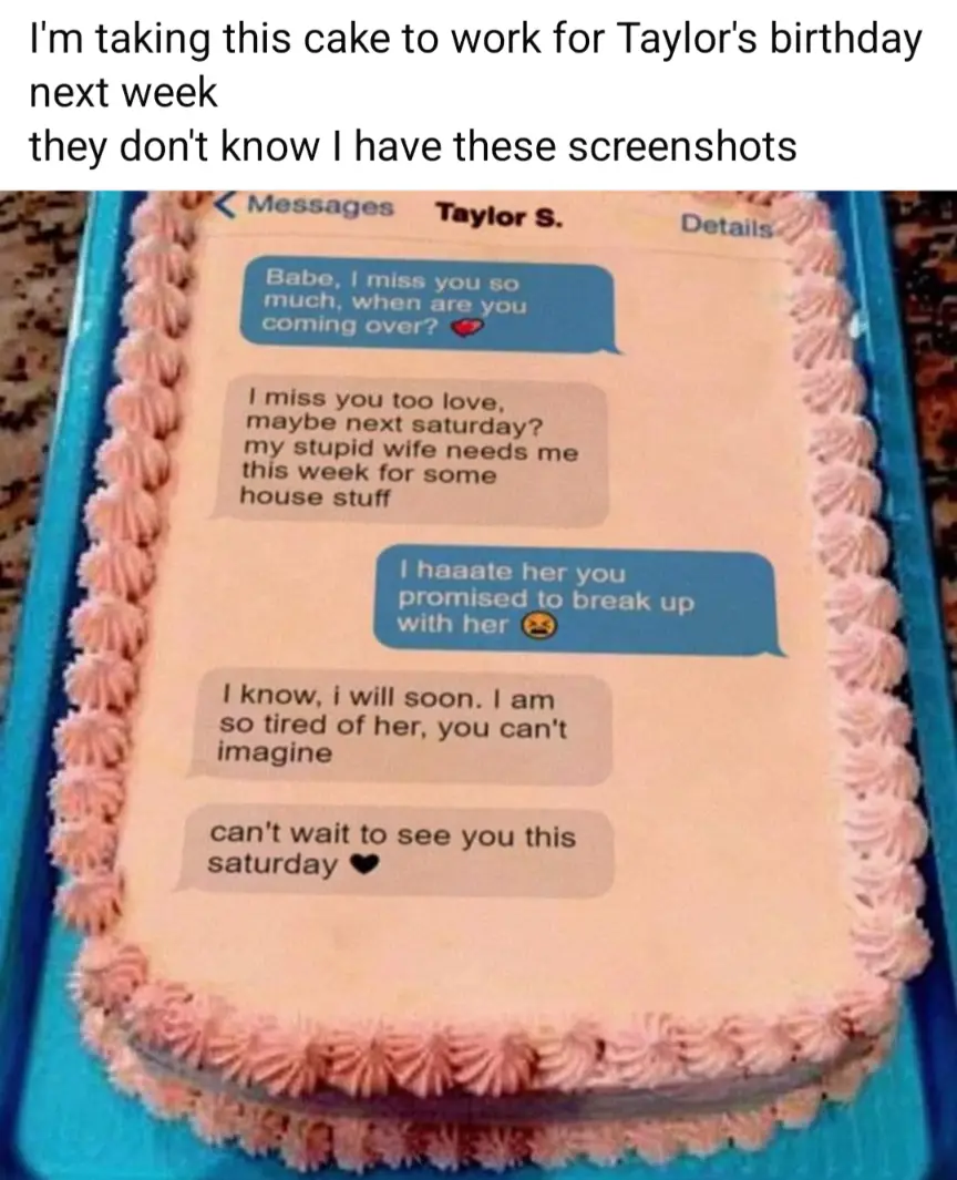 A rectangular cake with pink frosting piped along the edges sits on a blue tray. The cake's surface is decorated with a…
