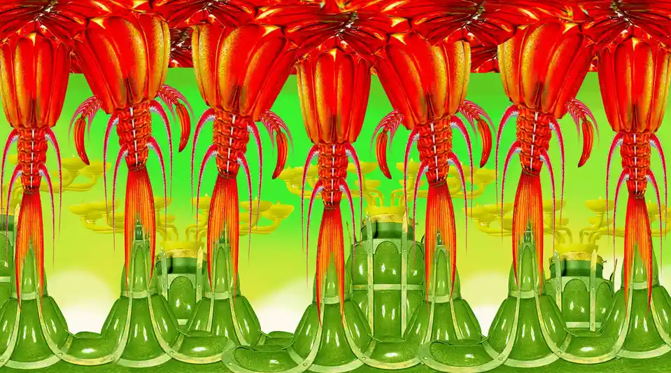 The image displays a surreal, repeating pattern of stylized red and orange lobster-like creatures with long, flowing…