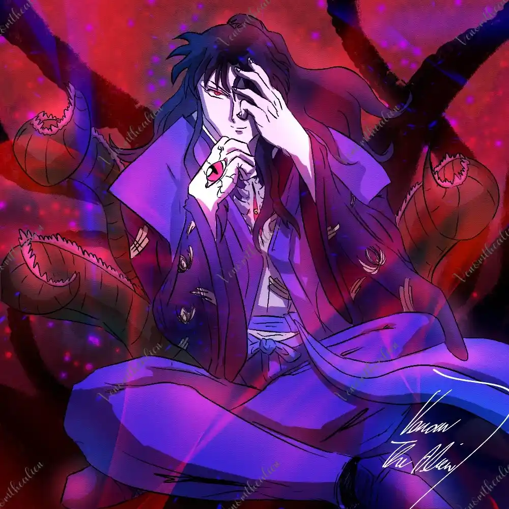 An anime-style illustration of a character with long dark hair, red eyes, and a purple outfit, sitting cross-legged with one…