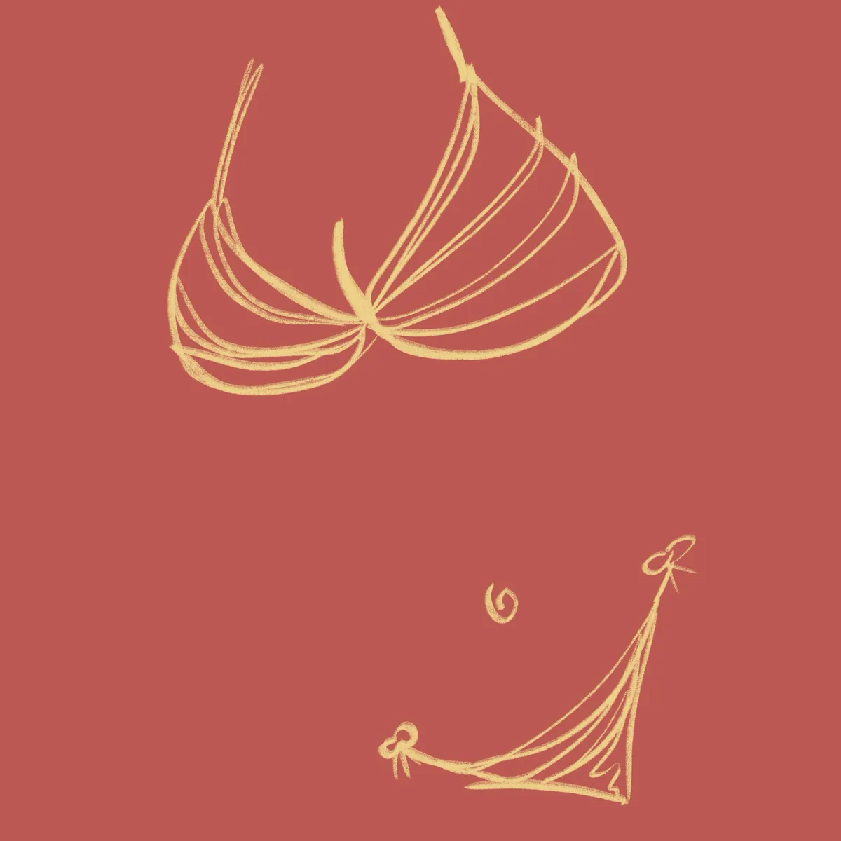 A minimalist sketch in gold lines on a muted red background shows a bra and a thong, both depicted with simple outlines and…