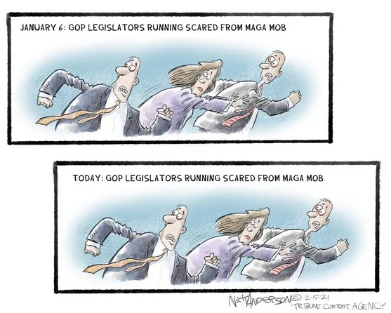 Two identical comic panels show three cartoon legislators running in panic, with the same caption in both: 'JANUARY 6: GOP…