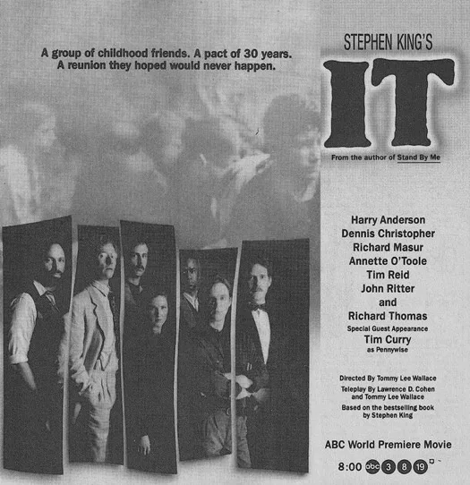 A black-and-white promotional poster for Stephen King's 'IT' movie, featuring six actors standing in vertical panels. The…