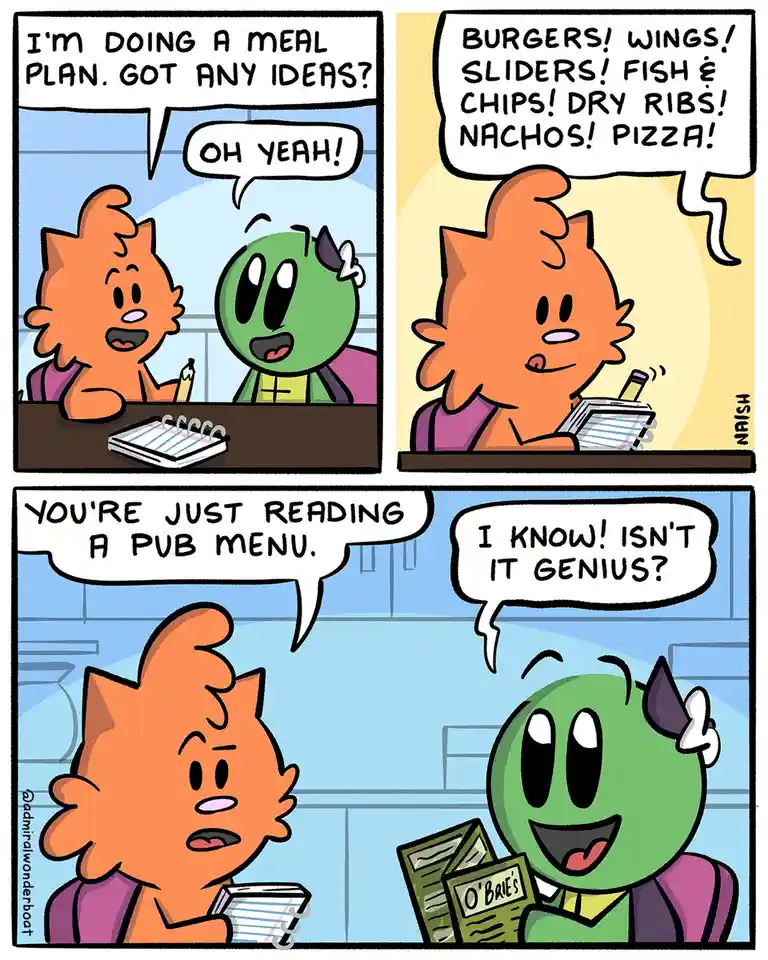 A three-panel comic strip featuring two cartoon characters: an orange cat-like creature and a green round creature with…