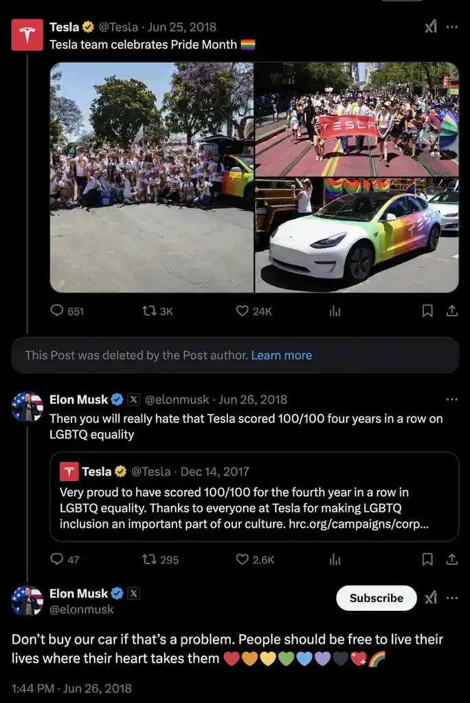 A screenshot of a Twitter thread showing Tesla's 2018 Pride Month celebration photos, followed by Elon Musk's tweet…
