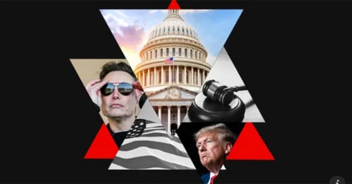 A composite image displays Elon Musk wearing sunglasses and an American flag shirt, the U.S. Capitol building, and Donald…