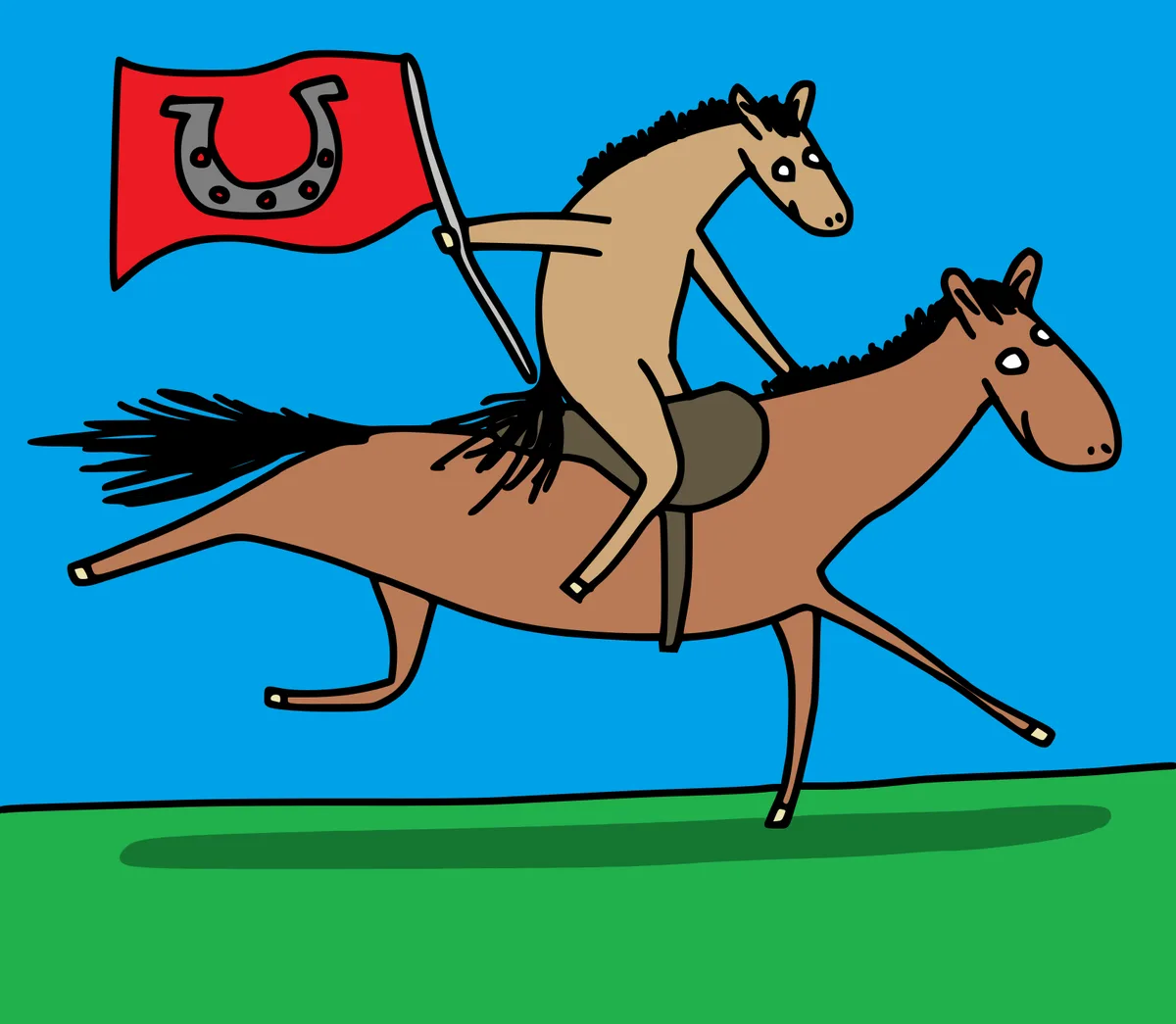 A cartoon depicts one horse riding atop another horse while holding a red flag featuring a silver horseshoe. The scene is…