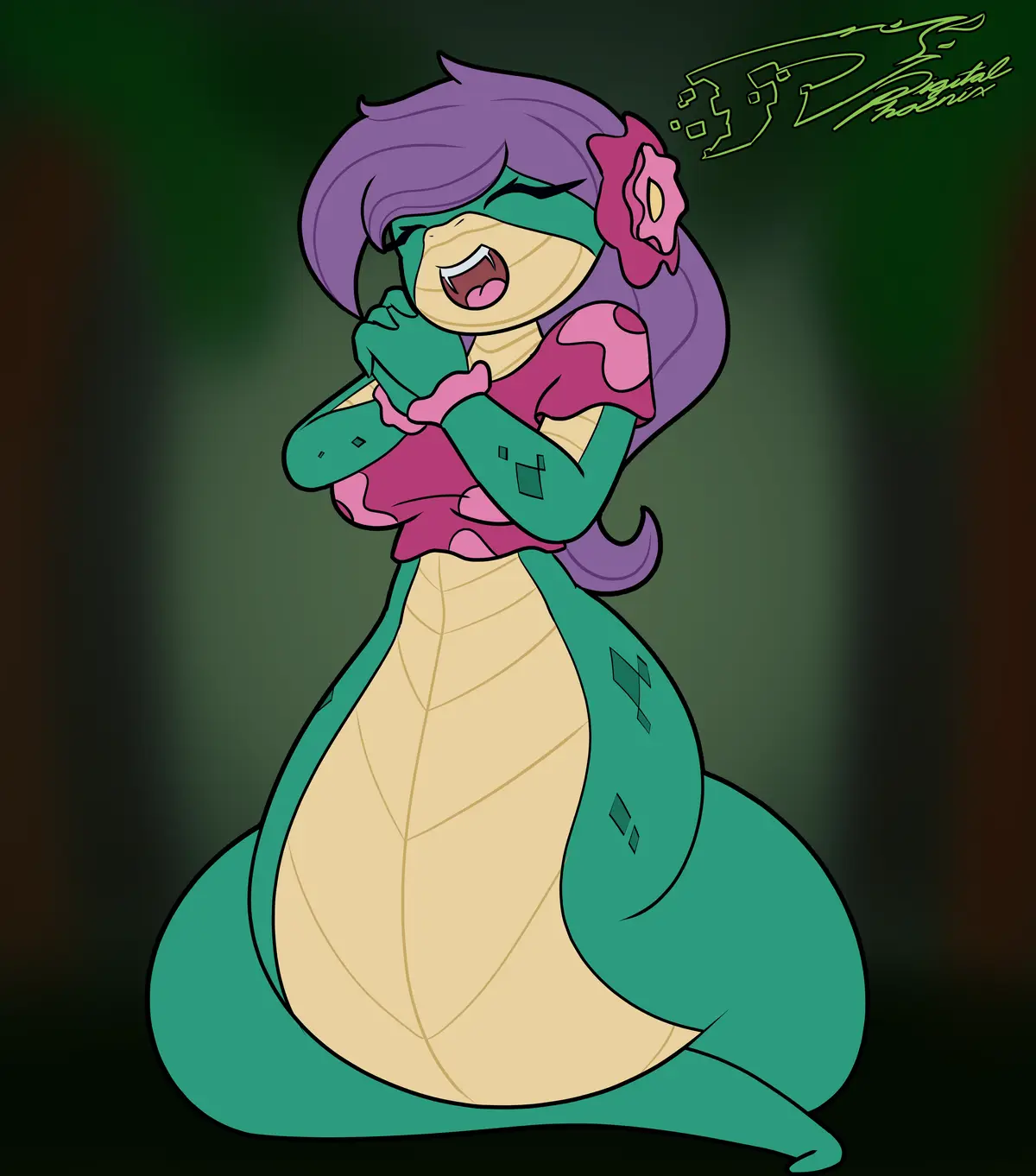 A cartoon-style illustration of a green and purple snake-like character with a human upper body, wearing a pink top and…