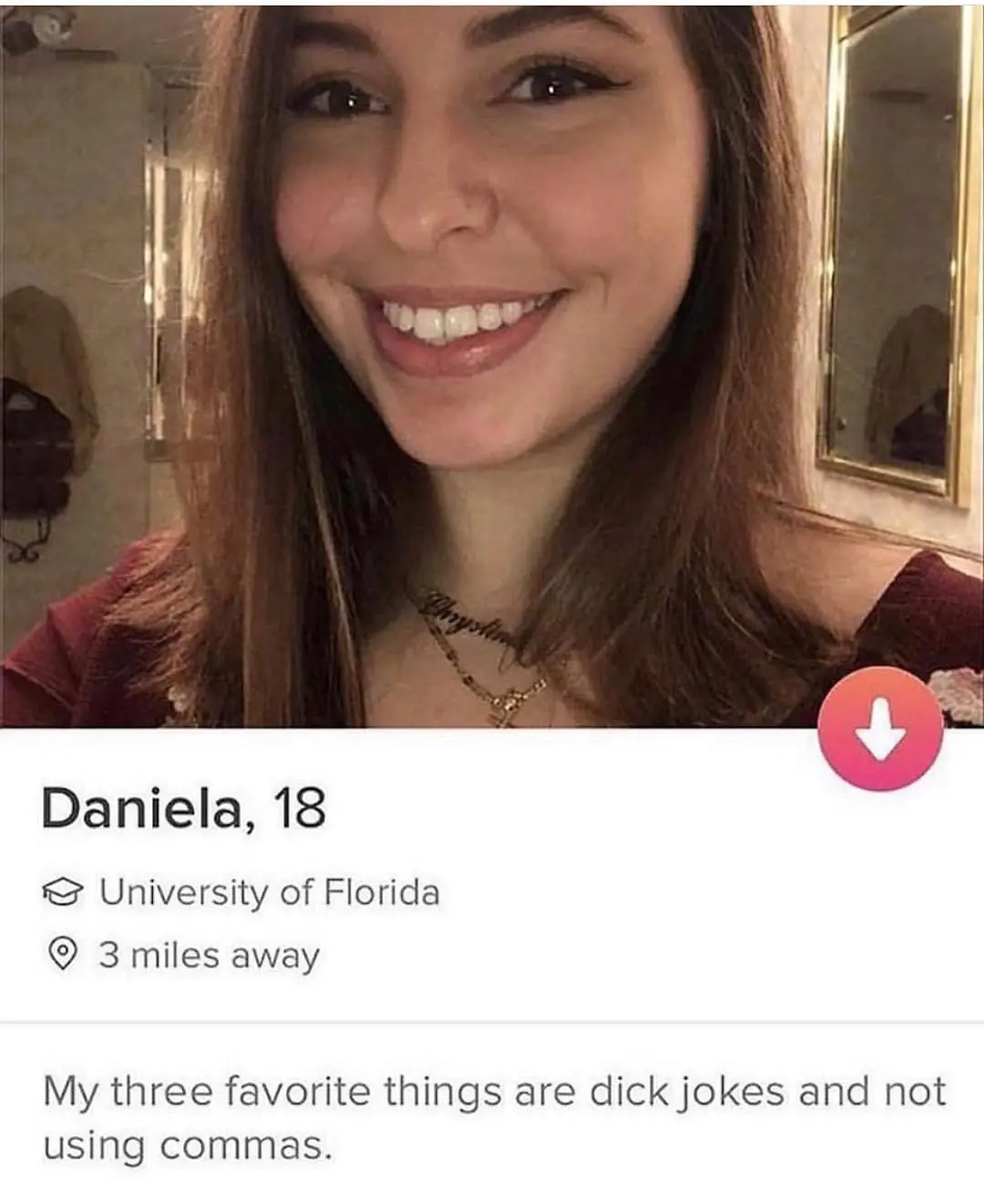 A selfie of a smiling young woman with brown hair and a nose ring, overlaid with a mock dating app profile. The profile…
