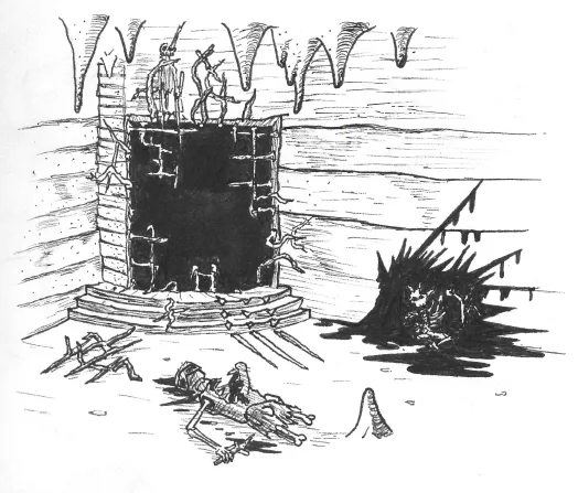 A black-and-white sketch depicts two skeletal figures atop a partially constructed stone tower, overlooking a desolate…