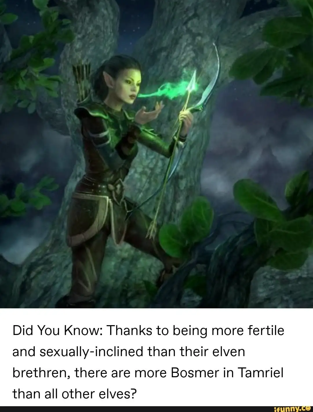 An elf-like character with pointed ears, wearing green and brown armor, stands in a dark forest at night, holding a glowing…