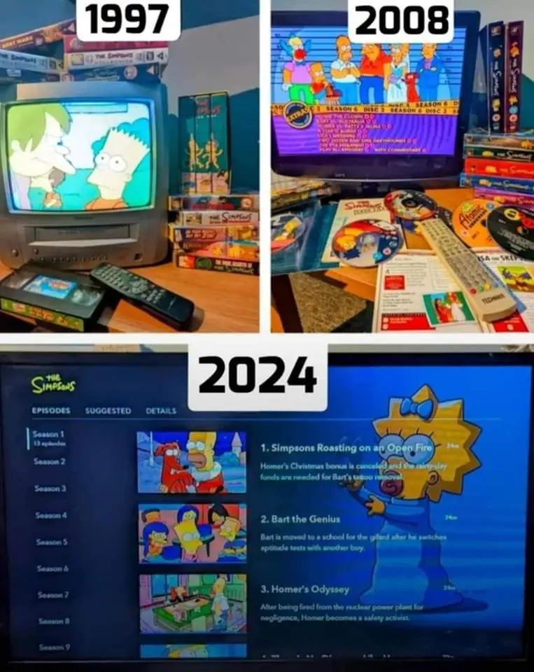 This meme contrasts how The Simpsons was consumed over time: in 1997, it's shown on a CRT TV with VHS tapes stacked nearby…