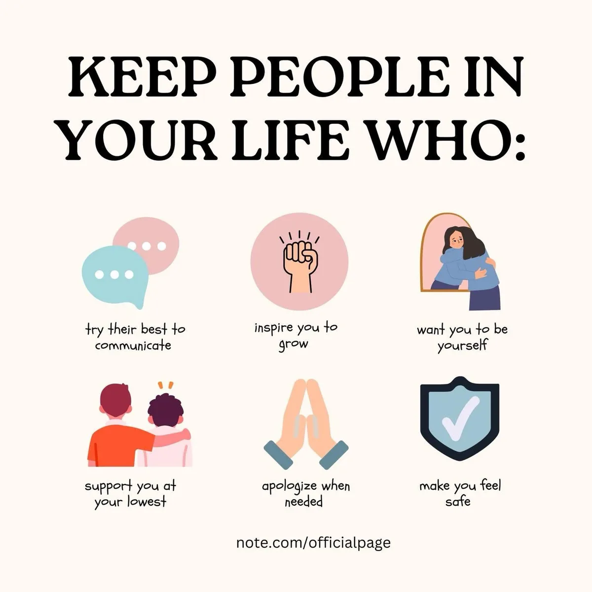 An infographic with six illustrated icons and text listing qualities of ideal people to keep in your life, such as…