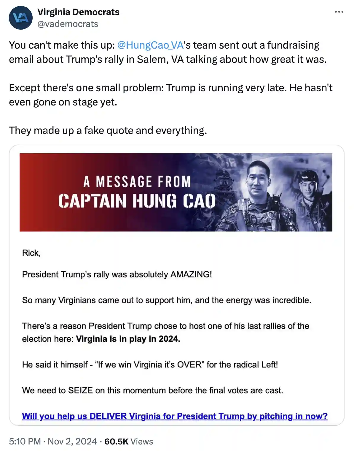 A screenshot of a fundraising email from 'Captain Hung Cao' falsely claiming to be from a military figure, praising a rally…