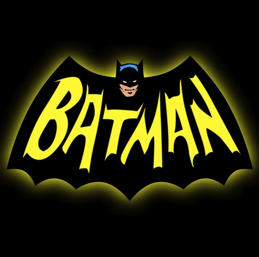 The image displays the classic Batman logo from the 1960s Batman TV series, featuring a stylized yellow 'BATMAN' text inside…